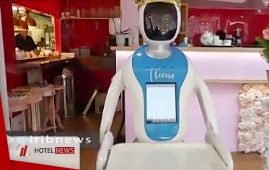 Breakfast Serving at the restaurant of a hotel using a robot called "Theresa May"